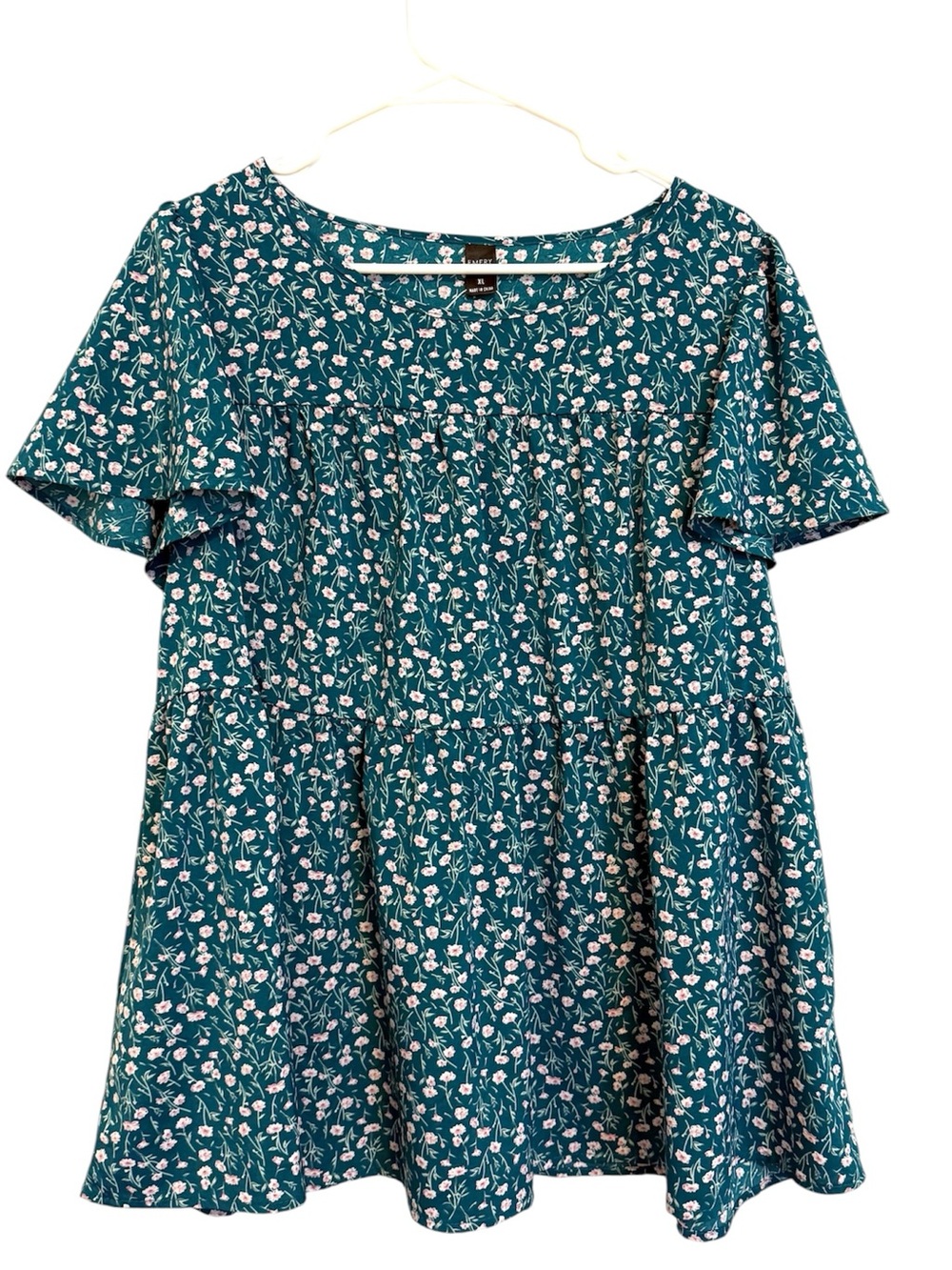 2/$30 Emery Rose Teal Floral Babydoll Tunic Top XL Flutter Sleeve Boho